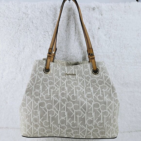 Calvin Klein Large Tan Monogram Shoulder Bag Shopper Tote with Tan Trim - Picture 3 of 16